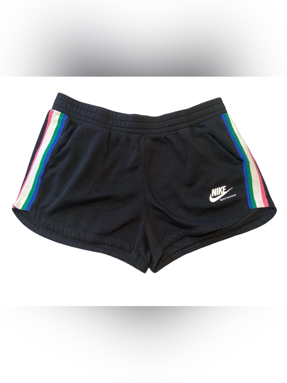 Nike Sportswear Heritage Fleece Shorts - Black with Retro Rainbow Stripes Sz L